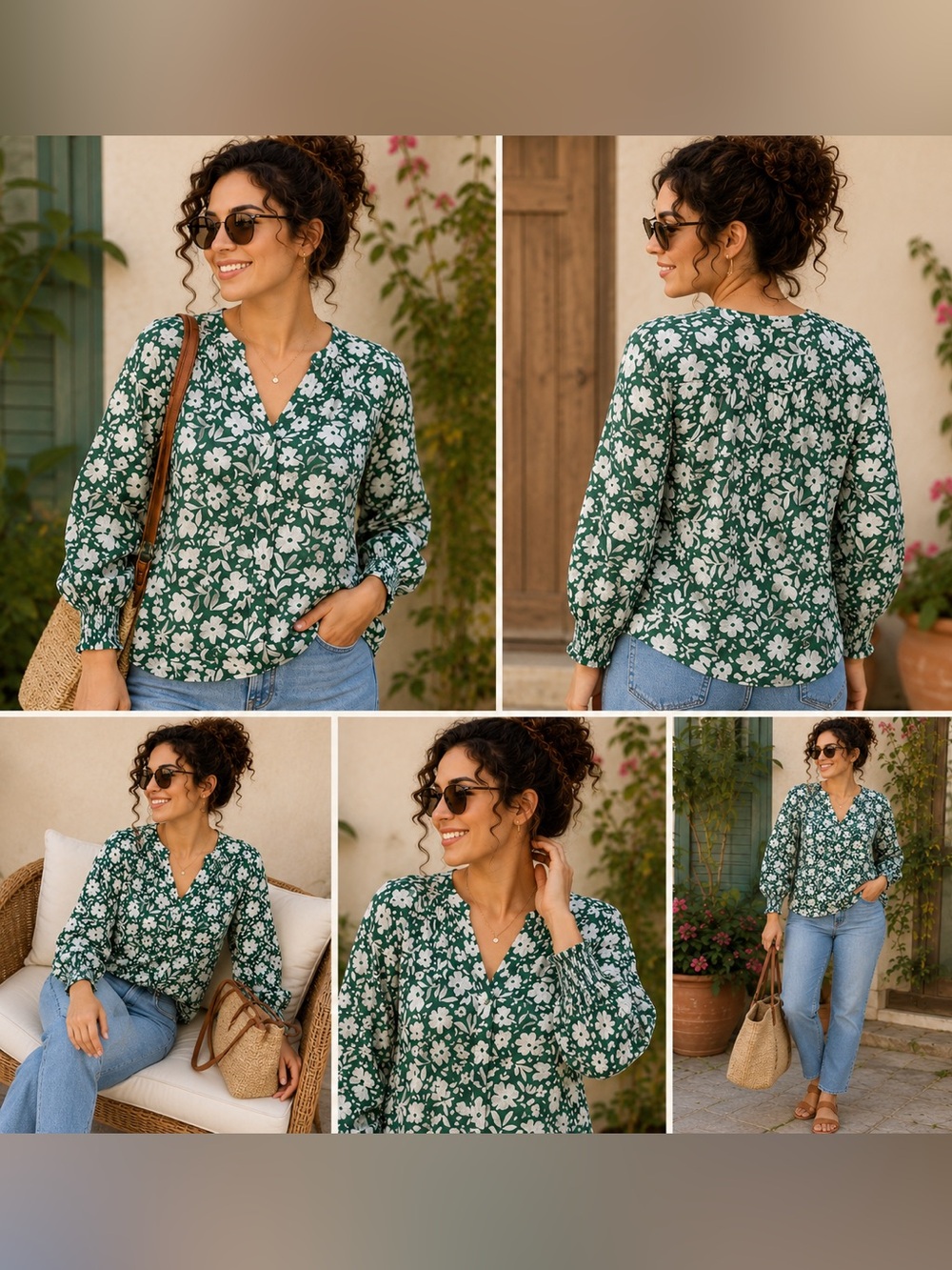Sonoma Green & White Floral Button-Front Blouse – Size Medium